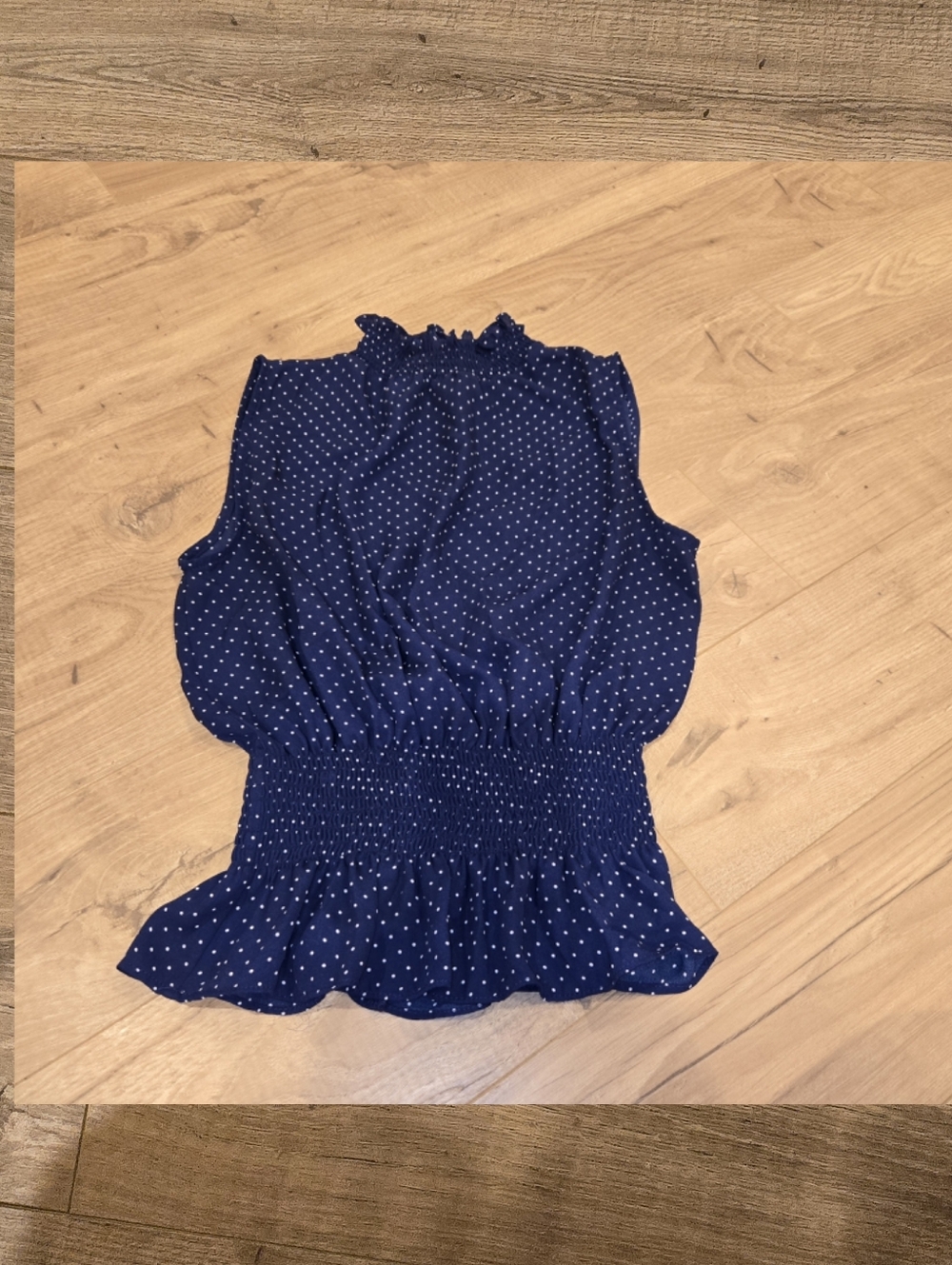 Navy Blue Polka Dot Women's Top Size Small Cinchable Waist